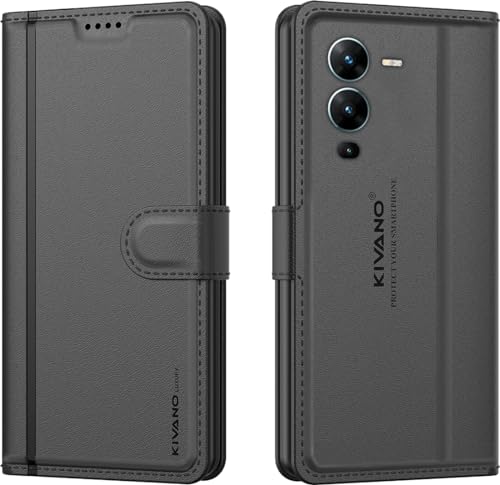 Image of KIVANO LUXE Compatible for Vivo V25 Pro Luxury Handmade Leather Magnetic Flip Folio Case | Card Holder & Kickstand | Slim Protective Cover | Unisex - Black