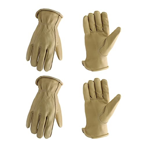 HLDD HANDLANDY 2 Pairs Cowhide Leather Work Gloves for Men & Women, Reinforced Durable Palm for Construction, Gardening, Driving