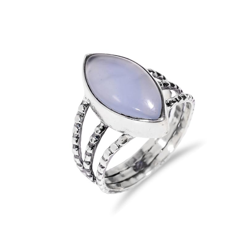 Bague en argent 925 et calcédoine bleue naturelle marquise d'exception