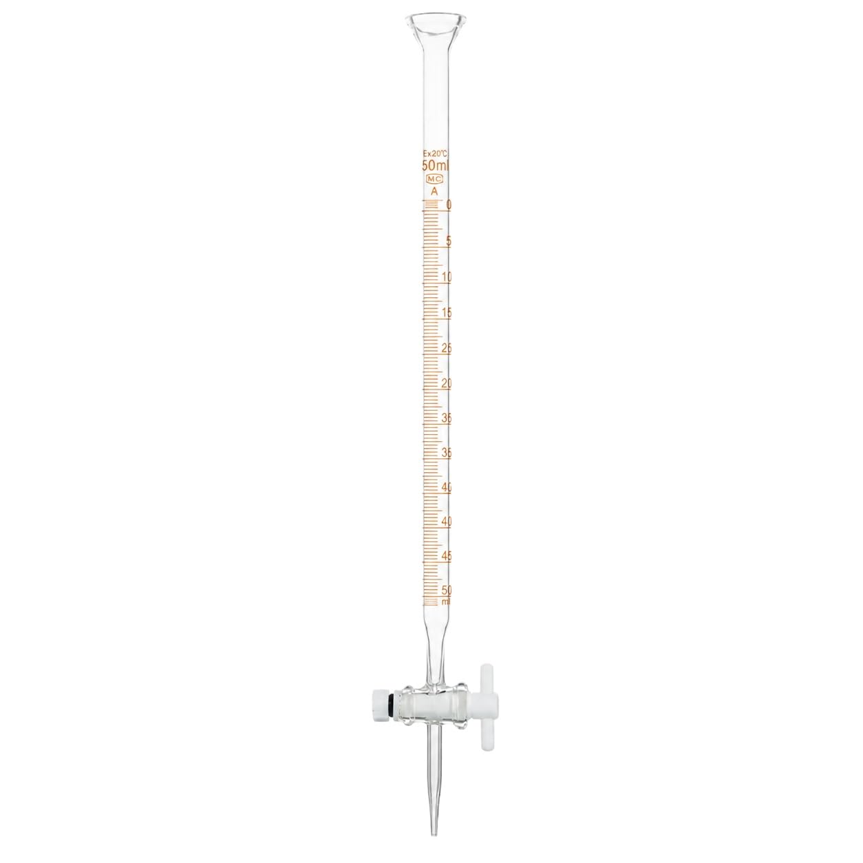 Universal-Glasbürette mit Trichter-Rand und PTFE-Hahn-50mL/0.1 | Universal-Glasbürette mit Trichter-Rand und PTFE-Ventil für Säure und Alkali