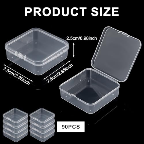 Image of 90 Pcs 3 x 3 x 1 Inch Clear Plastic Bead Storage Containers Box Small Plastic Boxes with Hinged Lids Clear Bead Organizer Box Mini Square Arts Crafts Storage Organizers for Beads and Small Craft Items