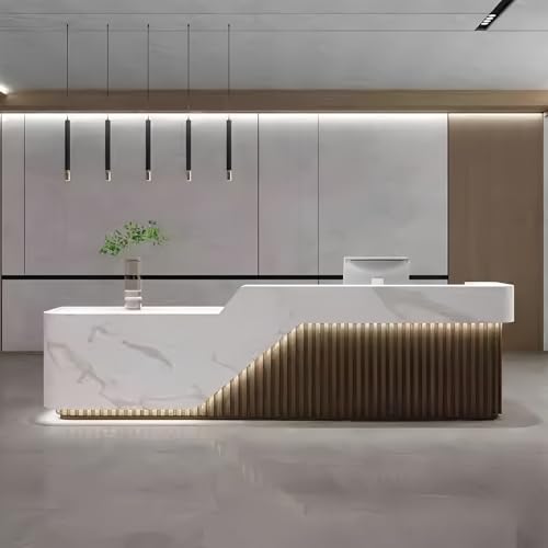 L Shape Reception Desk - Modern Front Desk with Counter and Hidden LED Light, No Assembly Required, Solid Wood Retail Counter- Perfect for Office, Checkout Counter & Retail Counter Use