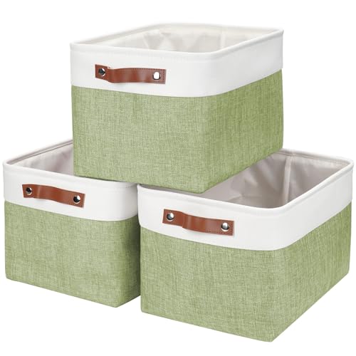 Bagnizer Storage Bins Large Fabric Storage Baskets for Shelves 3 Pack, Decorative Linen Closet Baskets with Handles for Organizing, Shelf, Clothes, Home, Office, 15x11x9.5Inches (Green&White)