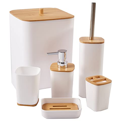 JETAINE 6 Pieces Bamboo Bathroom Accessories set, Luxury Modern Bathroom Accessory Bath Set, White Toilet Accessories w/Trash Can, Toothbrush Holder Cup, Soap Dish Holder, Soap Dispenser Gift