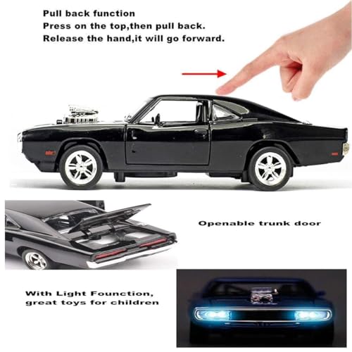 Image of WORSHIPER 1:24 Dodge Challenger SRT Exclusive Alloy Metal Pull Back Die-cast Car Model with Sound Light Mini Auto Toy for Kids for Toy Car with Sound and Light (1:24 Dodge Charger F & F7 - Black)