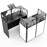 Wepepy Foldable DJ Booth with Laptop Stand, DJ Table with Dual Corner Panels, Upgraded Metal Frame DJ Facade with Heavy-Duty Reinforced Desktop, DJ Stand for Parties, Black & White Scrims, Carry Bag