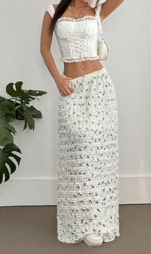 CHARTOU Women Y2k Lace Maxi Skirts Tiered Bow Print Elastic Waist Long Skirt4