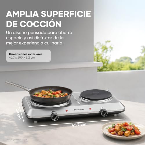 Miniatura 2 de Severin Placa De Cocina Doble Portátil, Placa Eléctrica Para Cocinar Con 2 Fuegos, Hornillo Eléctrico De Mesa Con Termostato Regulable De Acero Inoxidable Pulido, 2.500 W, Kp 1014
