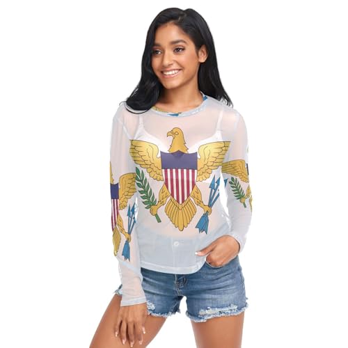 GuoChe Camiseta transparente para mujer, cuello redondo, de malla, transparente, talla S, Bandera de las Islas Vírgenes de, M
