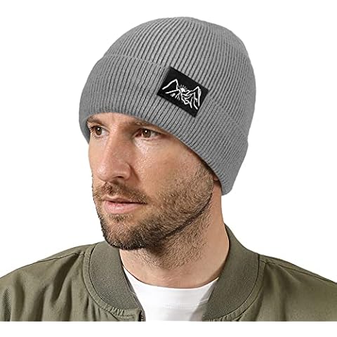 MIYING Beanie for Men - Unisex Mountain Logo Beanies Thermal Fleece Lined Hat Warm Knitted Beanie Hats Winter Hats for Men/Him/Dad Grey Cover
