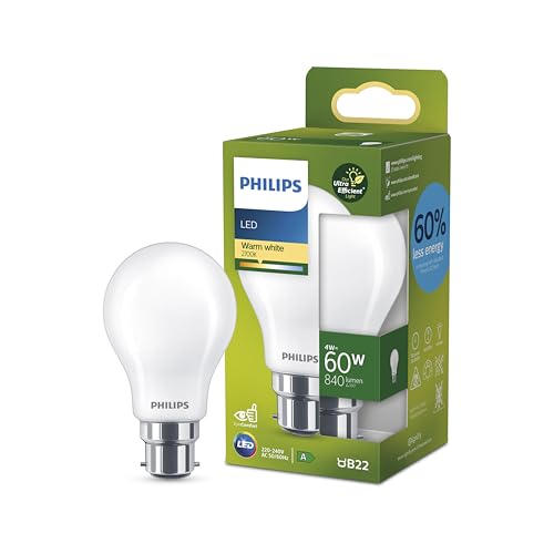 Philips Ultra Efficient - Ultra energy saving lights, LED light source, 60W, A60, B22 Warm White 2700 kelvin, frosted