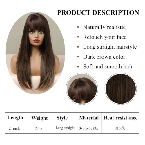 Peruki do włosów Natural Layered Hair Wigs Brown Heat Resistant Fibers Straight Synthetic with Bangs for Women Daily Cosplay Party