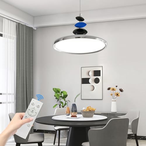 Image of Mikeru Dimmable Pendant Light, 40cm Full Spectrum 3000K/4500K/6500K Round Pendant Light, Brightness 10%-100% Adjustable, Height Adjustable 1.5M, Suitable for Office, Bedroom, Cafe, Chrome