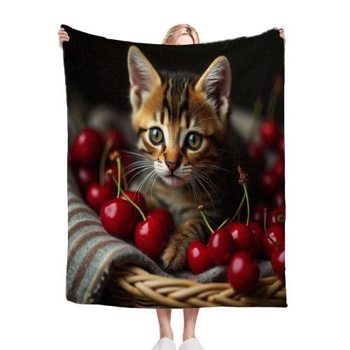 Przytulny koc 150 x 200 cm, kot i wiśnia, ciepły, puszysty koc do oglądania telewizji, koc z mikrofibry, nadruk 3D, puszysty pluszowy koc dla rodziny, matki, taty, dzieci, żony, przyjaciół