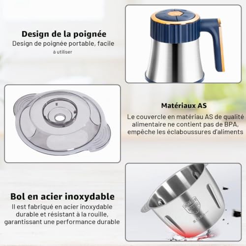 Hachoir Électrique 5L – Mixeur Hachoir Électrique avec Bol en Acier Inoxydable, 5 Vitesses et 6 Lames en Acier avec 5 Jeux de Lames pour Viande, Légumes et Fruits – vue 3