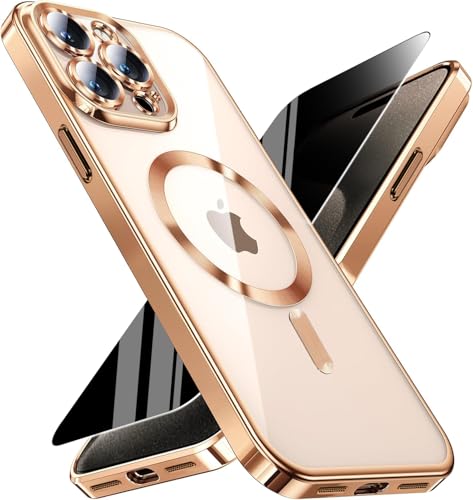 Image of Magnetic for iPhone 15 Pro Max Case with Privacy Screen Protector & Full Camera Cover,[Non-Yellowing] Plating Glossy Soft Shockproof Clear Phone Case with MagSafe Women Girls for 15 ProMax,Gold