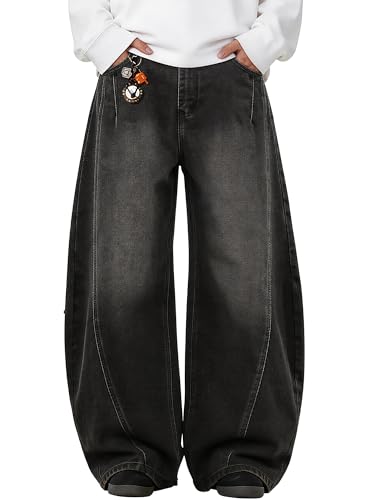 PLEPAN Baggy Hip Hop Jeans for Men Vintage Wide Leg Skater Barrel Denim Pants Y2K Streetwear Loose Fit Long Trousers Black M