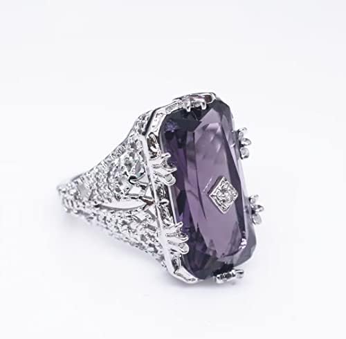 ASFKIPMF 925 Silver Large Amethyst Gem Band Ring Rectangle Shape 3Ct Cubic Zirconia Promise Rings Set CZ Halo Ring Eternity Engagement Wedding Band Ring Sets for Wome Size O