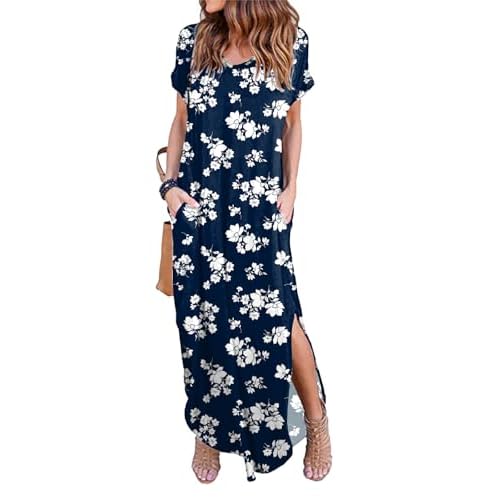 HUSKARY Women's Summer Maxi Dress Casual Loose Pockets Long Dress Short Sleeve Split Maxi Dresses X-Small Army Green 01