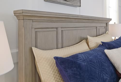 Image of Signature Design by Ashley Sleigh Bed with Drawers, Gray, California King | Burnished wood finish with classic bun feet, 2 footboard drawers, Roll-slat system eliminates box springs, Lettner Series