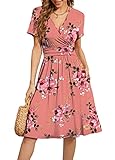 WEACZZY Bathing Suit Cover Up for Women Short Sleeve Sundresses V-Neck Cocktail Party Dress for Women with Pockets,Floral Sugar Pink,X-Large