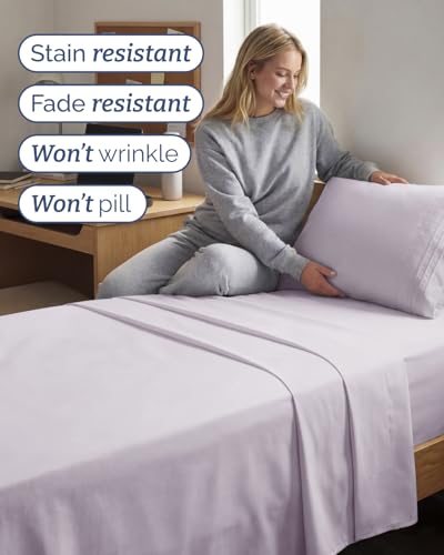 Image of Twin XL 4 Piece Sheet Set - College Dorm Room Essentials - Light Lavender | Ultra Soft Dorm Bedding Set, 8 inch to 16 inch Inch Deep Pockets, 1 Flat & 1 Fitted Sheet & 2 Pillowcases, Wrinkle & Fade Free