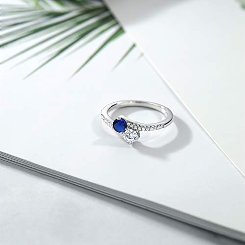 Gem Stone King Two-Stone Bypass Ring for Women in 925 Sterling Silver | 4MM Round Gemstone Birthstone and Blue Created Sapphire | Crossover Anniversary Engagement Wedding Promise Ring | Sizes 5-93