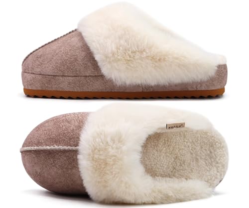 KuaiLu Womens House Platform Slippers Warm Faux Suede Fuzzy Thick Cushioned Memory Foam Ladies Comfy Bedroom Slipper Slip on Indoor Outdoor Home Shoes Arch Support Hard Sole Beige Size 9