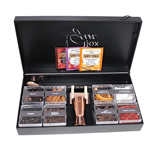 Kit Gin Tônica Completo com 08 Especiarias + Dosador e Colher Rose Caixa Preta