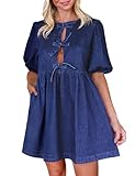 Qazel Vorrlon Denim Dress for Women Puff Short Sleeve Babydoll Jean Romper with Pockets Summer Casual Blue Dresses 2025 Trendy