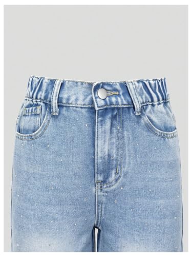 WDIRARA Girl's Rhinestone Elastic Waist Cargo Jeans Casual Baggy Wide Leg Denim Pants3