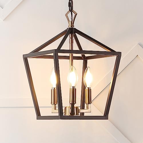 Image of JONATHAN Y Ojai Pagoda Pendant Lantern 10 inch, Oil Rubbed Bronze /Brass Gold | 3-Light, Metal Frame Construction, LED Bulbs Included, Adjustable Chain, Classic Farmhouse Chandelier, Entry Foyer Decor