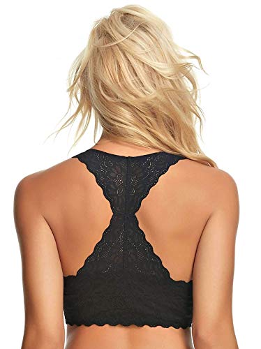 Jezebel By Felina | Lace Bralette | Wire Free | Unpadded | T-Back | Support (Black, Small) #TOP6