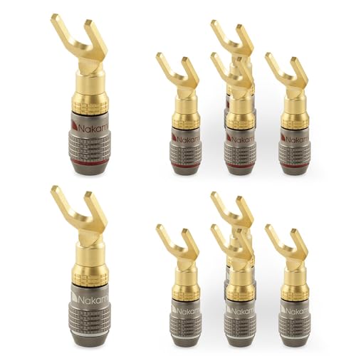 Image of Nakamichi FanLock Excel Series 24k Gold Plated Spade Connector Banana Plug 10 AWG - 18 AWG Gauge Size 4mm for Speakers Amplifier Hi-Fi Home Theatre Wire Cable Quick Connector, 10 Pcs (5-Pairs) | Excel Series, Gauge Size 4mm for Speakers Amplifier Hi-Fi Stereo Radio AV Audio Wire Cable Quick Connector, 10 Pcs (5-Pairs)