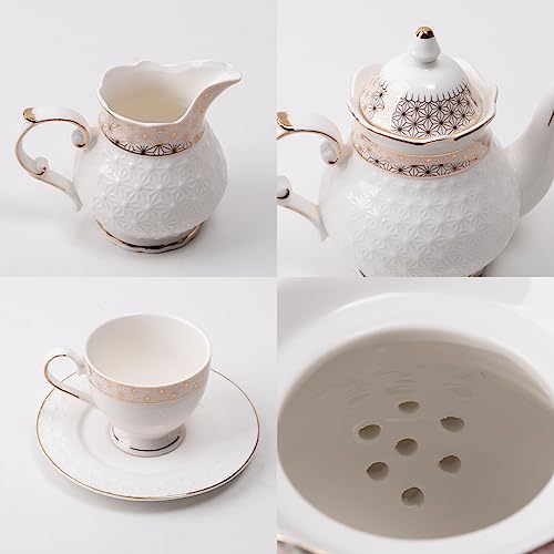 Sweejar 21 Pieces Porcelain Tea Set, Vintage Gold Trimmed Teapot Cup and Saucer Set, Tea Cup for Loose Tea, Sugar Bowl and Creamer Pitcher with Spoons, Service for 6(Classic Gold) — view 6