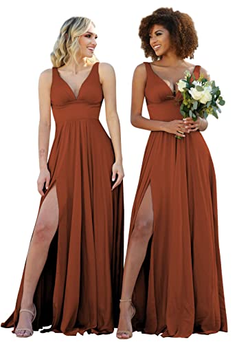 Women's V-Neck Chiffon Bridesmaid Dresses for Wedding Long Formal Evening Prom Party Gown YA002