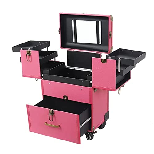 Valigetta per trucchi e trucchi, trolley da viaggio, con ruote, carrello di bellezza a più scomparti per cosmetici e accessori, rosa