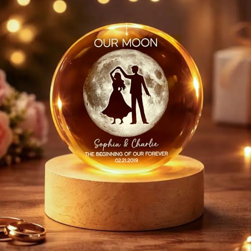 Image of Evamall Personalized Moon Phase Crystal Ball Night Light, Custom Night Sky By Date Lamp, Our Special Day Keepsake Gift for Couple Anniversary Wedding