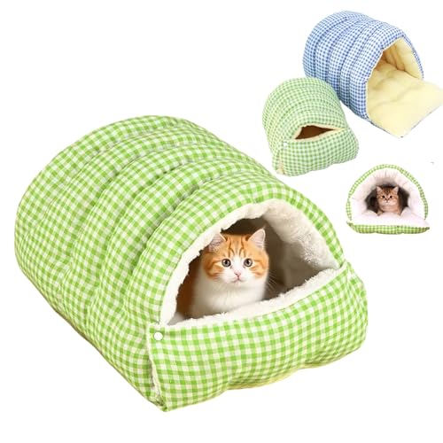 MHGTTRE 猫ベッド ? 冬用暖かいドーム型猫用寝袋・折りたたみ可能 ペットベッド、ふかふかマット、室内/屋外使用、小型犬・中型犬にも対応、洗える可愛い猫ハウス 秋冬 寒さ対策(グリーン,S)