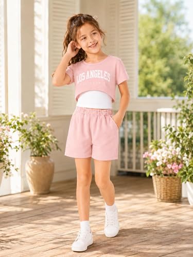Image of Girl's Summer 3 Piece Outfits Graphic Short Sleeve Crop Top Cami and Shorts Clothes Set