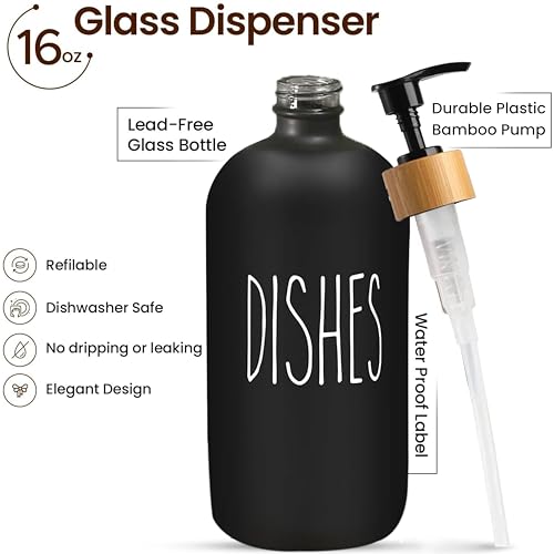 Image of Sunrise Premium 16 OZ Thick Black Glass Soap Dispenser, Bamboo Pump with Tray 2 Pack, Hand and Dish Soap Dispenser Set for Bathroom with 6 Waterproof Labels