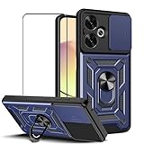 CNPUTAO Case for Oppo A5 4G / A5 5G with Tempered Glass Screen Protector,Sliding Camera Window, Kickstand, Shock-Proof Anti-Scratch Dual-Layer Phone Cover,Blue