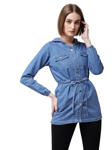 Image of Miss Chase Women's Polo Neck Full Sleeves Patch Pocket Denim Overcoat Knee-Length Jacket