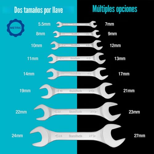 Miniatura 2 de Duratech Juego De 8 Llaves De Doble Extremo Abierto Súper Finas 5,5 Mm-27 Mm, Para Espacios Estrechos, Llave De Doble Boca, Métrico, Con Bolsa Enrollable
