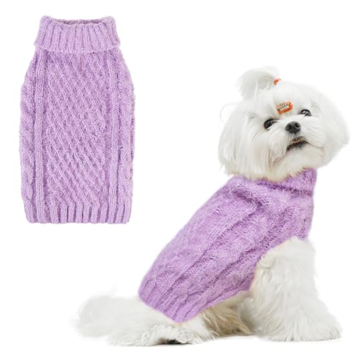 Image of Turtleneck Small Dog Sweaters - Classic Cable Knitwear Winter Coat for Small Medium Dogs Male Female Puppy Dog Cold Weather Clothes Girls Boys, Purple, M
