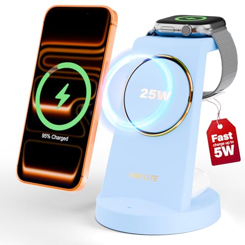 Image of 3 in 1 Fast Charging Station for iPhone, 25W Wireless Magnetic Phone Charger for iPhone 17 16e 16 15 14 13 12 Serise, Watch Charger Stand, Wireless Charging Station for AirPods 4 3 Pro, Blue
