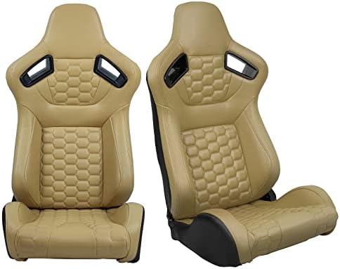 FREEMOTOR802 Universal Racing Seats, Reclinable Sport Seats with Dual Lock Sliders Adjustable, 1 Pair (Driver + Passenger Side), PU + Carbon Fiber Textured Fabric, Beige