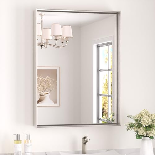 Image of Keonjinn 24x32 Inch Nickel Bathroom Mirror for Over Sink, Aluminum Alloy