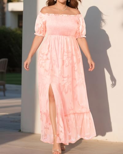 Image of Plus Size Summer Dresses Sun - Maxi Boho Casual Off Shoulder Floral Lace Long Dress with Pockets