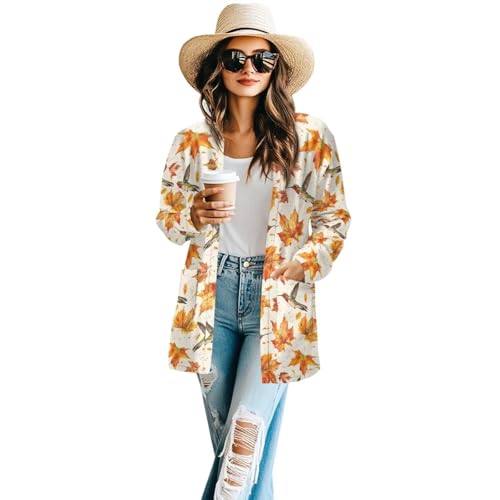 Womens Fall Long Sleeve Open Front Print Cardigan Loose Lightweight Cardigans Casual Coat Outwear with Pockets